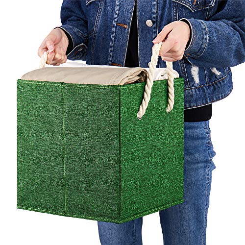 Foldable Fabric Green Cube Storage Bins Cloth Cube Storage Organizer Bin with Cotton Rops 10.5x10.5x11 In Collapsible Clothes Storage Cubes Baskets Drawers Organizer Cubicle Storage Boxes for Organizing Closet Shelves ,Q-ST-50-3