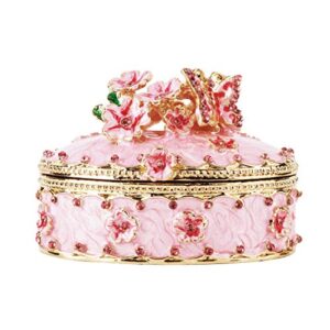 yu feng crystal trinket jewelry boxes hinged,hand-painted pink flower butterfly pattern jeweled box for girls