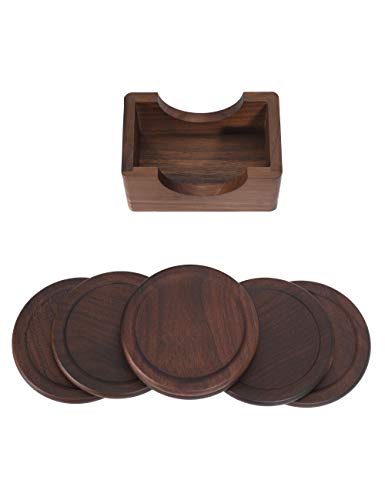 100% Natural Wood Coaster,Coffee Coaster, Beer Coaster.Walnut Dark Wood Coaster, 7-Piece Coaster Set, Holder Included (Black Walnut)