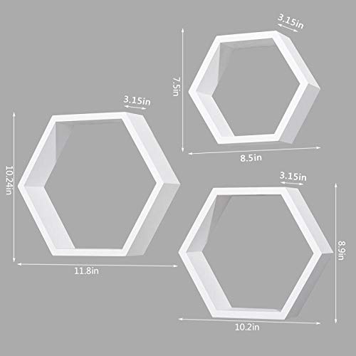 AHDECOR Wall Mounted Hexagon Floating Shelves, Wooden Wall Organizer Hanging Shelf for Home Decor, Set of 3, White