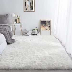 hombys 6×9 oversized faux fur area rug for living room bedroom, super soft & fluffy white faux sheepskin play carpet for kids baby and children, luxury plush furry décor shaggy feet mat for bedside
