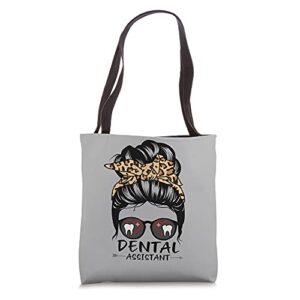 dental assistant messy bun hair funny leopard dental tote bag