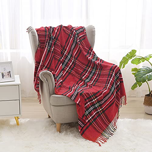 Saukiee Plaid Throw Blanket Red with Tassels 50 x 60 inches Tartan Chenille Throw Fringe for Couch Sofa Bedroom Christmas Decor