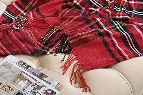 Saukiee Plaid Throw Blanket Red with Tassels 50 x 60 inches Tartan Chenille Throw Fringe for Couch Sofa Bedroom Christmas Decor