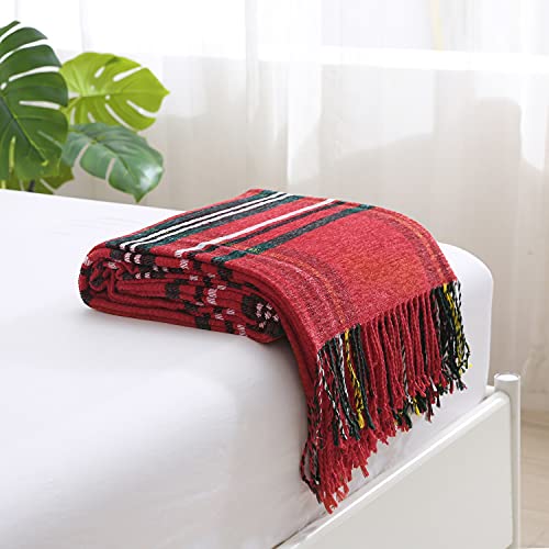 Saukiee Plaid Throw Blanket Red with Tassels 50 x 60 inches Tartan Chenille Throw Fringe for Couch Sofa Bedroom Christmas Decor