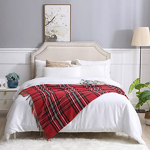 Saukiee Plaid Throw Blanket Red with Tassels 50 x 60 inches Tartan Chenille Throw Fringe for Couch Sofa Bedroom Christmas Decor