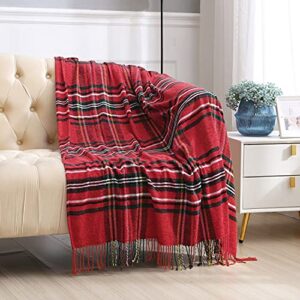 Saukiee Plaid Throw Blanket Red with Tassels 50 x 60 inches Tartan Chenille Throw Fringe for Couch Sofa Bedroom Christmas Decor