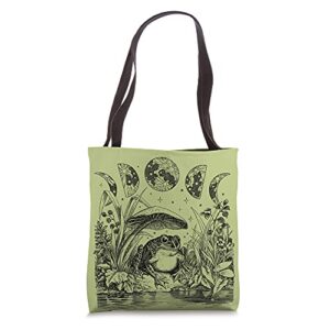 cute cottagecore aesthetic frog mushroom moon witchy vintage tote bag