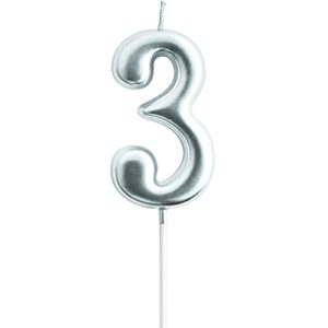 eusbon 3rd birthday candle, 2.76” big size number candle for cake decoration, birthday party, wedding anniversary, silver (number 3)