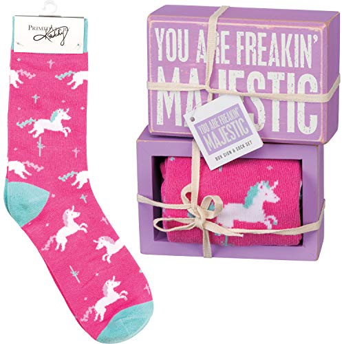 Primitives by Kathy 105542 Decorative Box Sign & Pair of Socks Gift Set-You are Freakin' Majestic, One Size, Pink