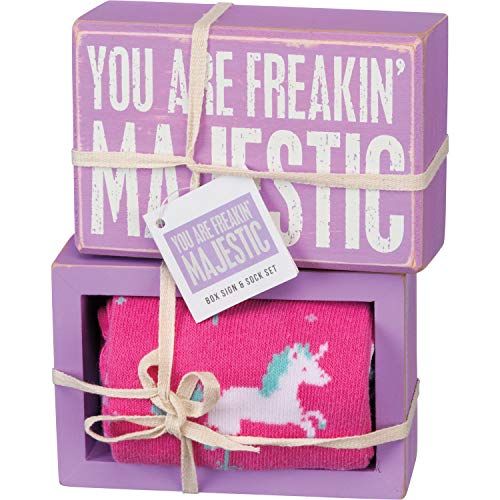 Primitives by Kathy 105542 Decorative Box Sign & Pair of Socks Gift Set-You are Freakin' Majestic, One Size, Pink