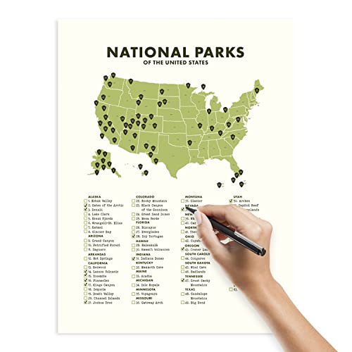 National Park Checklist and Map Wall Art Poster - 12” x 16” (UNFRAMED), Travel Wall Decor, Van Life and Cabin Decor, Bucket List Wall Art for Living Room, Bedroom, Apartment, Dorm, and More