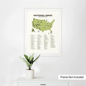 National Park Checklist and Map Wall Art Poster - 12” x 16” (UNFRAMED), Travel Wall Decor, Van Life and Cabin Decor, Bucket List Wall Art for Living Room, Bedroom, Apartment, Dorm, and More