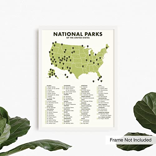 National Park Checklist and Map Wall Art Poster - 12” x 16” (UNFRAMED), Travel Wall Decor, Van Life and Cabin Decor, Bucket List Wall Art for Living Room, Bedroom, Apartment, Dorm, and More