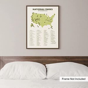 National Park Checklist and Map Wall Art Poster - 12” x 16” (UNFRAMED), Travel Wall Decor, Van Life and Cabin Decor, Bucket List Wall Art for Living Room, Bedroom, Apartment, Dorm, and More