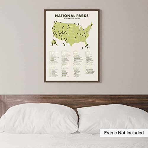 National Park Checklist and Map Wall Art Poster - 12” x 16” (UNFRAMED), Travel Wall Decor, Van Life and Cabin Decor, Bucket List Wall Art for Living Room, Bedroom, Apartment, Dorm, and More