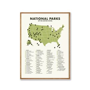 National Park Checklist and Map Wall Art Poster - 12” x 16” (UNFRAMED), Travel Wall Decor, Van Life and Cabin Decor, Bucket List Wall Art for Living Room, Bedroom, Apartment, Dorm, and More