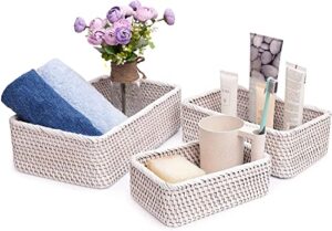 wicker storage basket for shelves dvd storage box organizer set 3 living room accessories and decor small pantry organization rattan storage baskets closet bins (combo set 3, white wash)