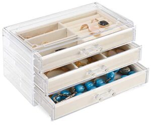 acrylic jewelry organizer box by tranquil abode | clear jewelry box organizer | 3 tall drawers, velvet trays | stackable display case jewelry storage for women | jewelry organizer earring ring necklace