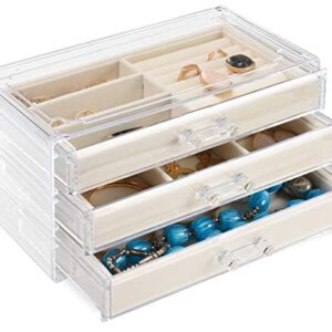 Acrylic Jewelry Organizer Box by Tranquil Abode | Clear Jewelry Box Organizer | 3 Tall Drawers, Velvet Trays | Stackable Display Case Jewelry Storage for Women | Jewelry Organizer Earring Ring Necklace