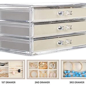 Acrylic Jewelry Organizer Box by Tranquil Abode | Clear Jewelry Box Organizer | 3 Tall Drawers, Velvet Trays | Stackable Display Case Jewelry Storage for Women | Jewelry Organizer Earring Ring Necklace