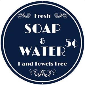 fresh soap and water sign – 12 x 12 inches – aluminum – navy blue bathroom decor – vintage bath metal wall art plaque accessories