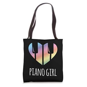 piano girl gift with rainbow heart tote bag