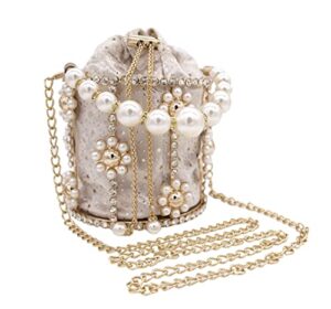 women pearl rhinestones flower clutch bag crystal beaded evening purses clutches formal wedding party prom handbags (apricot)