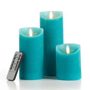 glowiu teal candle pillar realistic wick battery operated candles set of 3 single slim sphere turquoise candles electric home decor with 10-key remote multi-function (3, h 4″6″8″ x d3″)