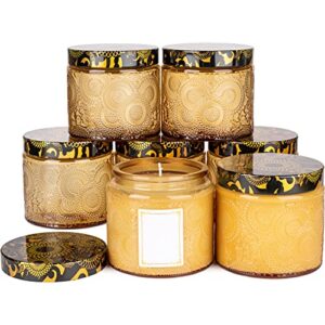 amber embossed glass candle container with lid and labels, 10 oz – pack of 9
