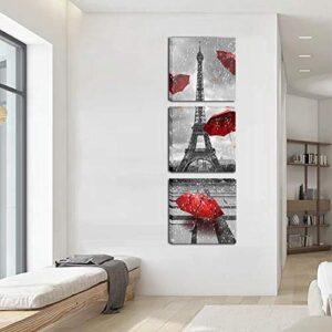 Meiji Paris Eiffel Tower Canvas Wall Art Decor Red Umbrellas Poster Prints Pictures Artwork for Living Room Ready to Hang (Red, 12X12inchx3 (30x30cmx3))