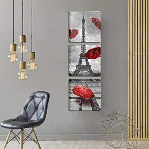 Meiji Paris Eiffel Tower Canvas Wall Art Decor Red Umbrellas Poster Prints Pictures Artwork for Living Room Ready to Hang (Red, 12X12inchx3 (30x30cmx3))