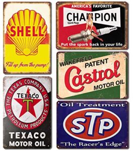 retro tin signs gas motor oil signs 5pcs vintage metal signs posters for garage man cave shop bar pub decor 12×8 inch