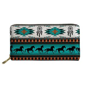 Poceacles Southwestern Aztec Horse Print Women's Wallets Large Capacity,Durable Zipper Clutch Wallet,PU Leather Card Holder Coin Purse