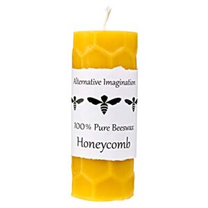 alternative imagination 100% pure beeswax pillar candle (2×6 inch), 60 hour, honeycomb design, hand-poured, made in usa