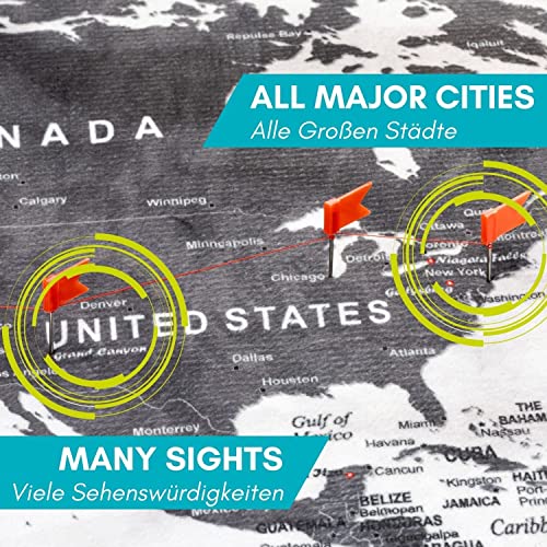 World Map XXL 51 x 28 inches, Travel Pin Board with Fleece Surface in Modern Wall Art Design, 20 Flag Push Pins Included