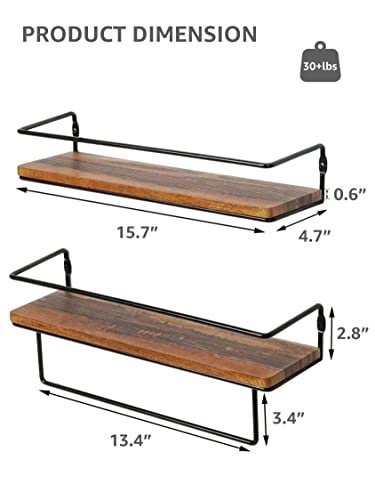 QEEIG Floating Shelves Bathroom Decor - Wall Shelf with Towel Bar Farmhouse 16 inch Set of 2, Rustic Brown (FS636)