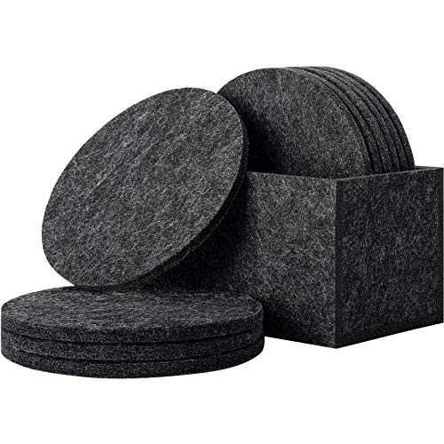 Urbanstrive Eco-Friendly 100% Biodegradable Coasters with Holder, Set of 10, Absorbent Felt Coasters for Drinks Bar Home, 4 Inch (Black Round)