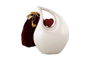 cremation urn heart of love urn for human ashes – cremation urn for funeral, columbarium or home, cremation urns for human ashes.220cubic inch- with velvet bag. (white red heart large)