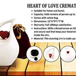 Cremation Urn Heart of Love Urn for Human Ashes – Cremation Urn for Funeral, Columbarium or Home, Cremation Urns for Human Ashes.220cubic inch- with Velvet Bag. (White Red Heart Large)