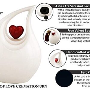 Cremation Urn Heart of Love Urn for Human Ashes – Cremation Urn for Funeral, Columbarium or Home, Cremation Urns for Human Ashes.220cubic inch- with Velvet Bag. (White Red Heart Large)