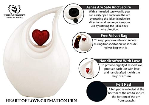 Cremation Urn Heart of Love Urn for Human Ashes – Cremation Urn for Funeral, Columbarium or Home, Cremation Urns for Human Ashes.220cubic inch- with Velvet Bag. (White Red Heart Large)