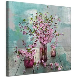 pink flower canvas wall art florals abstract spring picture teal turquoise watercolor peach bloosom painting artwork framed for bathroom nursery living room bedroom kitchen home office decor 14″x14″