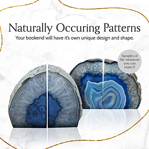 Nature’s Decorations - Luxury Agate Bookends, Non-Skid Book Stoppers, Agate Decor Crystal Bookends for Home or Office, Polished Stone Bookends, Set of 2, Extra Large, Approx. 7-9 lbs, Blue