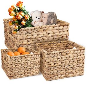 yarlung 3 pack natural banana leaf woven baskets with handles, cube nesting baskets handmade water hyacinth bins organizer storage box for pantry, living room, laundry room, 3 sizes