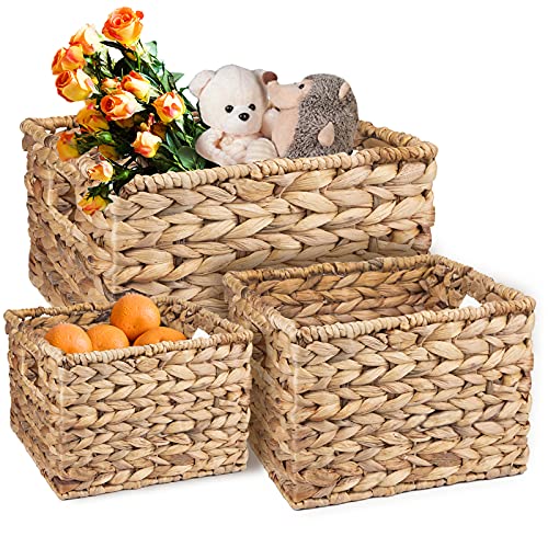 Yarlung 3 Pack Natural Banana Leaf Woven Baskets with Handles, Cube Nesting Baskets Handmade Water Hyacinth Bins Organizer Storage Box for Pantry, Living Room, Laundry Room, 3 Sizes