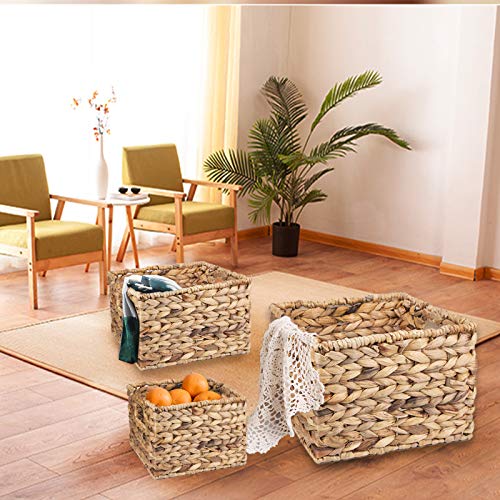 Yarlung 3 Pack Natural Banana Leaf Woven Baskets with Handles, Cube Nesting Baskets Handmade Water Hyacinth Bins Organizer Storage Box for Pantry, Living Room, Laundry Room, 3 Sizes