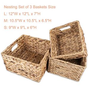 Yarlung 3 Pack Natural Banana Leaf Woven Baskets with Handles, Cube Nesting Baskets Handmade Water Hyacinth Bins Organizer Storage Box for Pantry, Living Room, Laundry Room, 3 Sizes