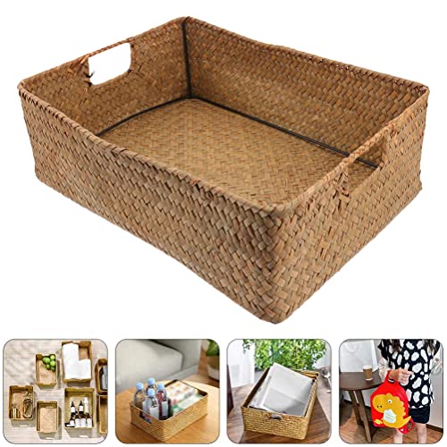 Amosfun Storage Basket with Wicker Baskets lid bin Large Small Seagrass lids- Retro Hand- Woven Seaweed Storage Basket Household Rectangular Sundries Organizer- Storage Box