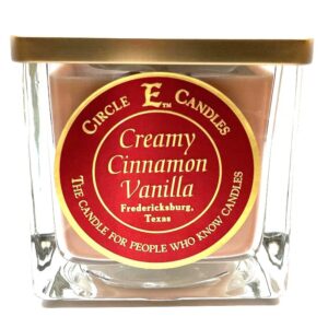 circle e candles, creamy cinnamon vanilla scent, medium size jar candle, 22oz, 2 wicks